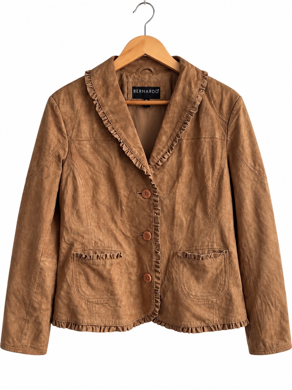 Bernardo Brown Ruffle Trim Leather Jacket Sparkly Womens Size XL